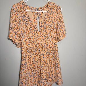 Free People Orange and Blue Floral Blouse Size 2